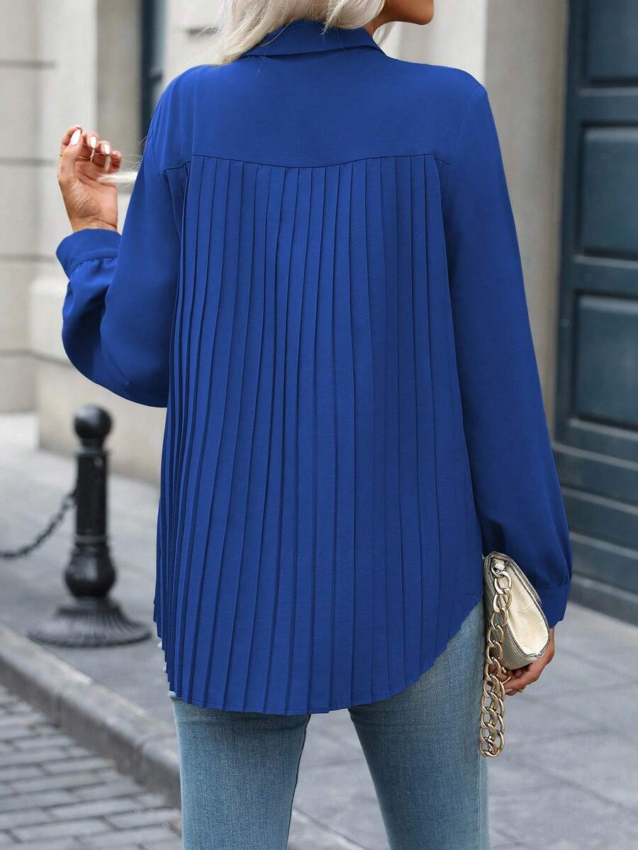 EMERY ROSE Women's Solid Color Casual/Work Collared Shirt With Front Opening, Back Pleats, And Curved Hem Long Sleeves, Spring/Autumn - Royal Blue - View 1