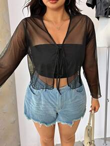 SHEIN EZwear Plus Tie Front Mesh Top Without Cami Top - Black - View 1