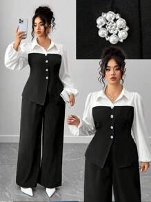 Elenzga Collezione di eleganza eccentrica (vibrazioni di "Woe Is Me")(Estetica del mercoledì) 2 pezzi Completo elegante vintage in bianco e nero con patchwork