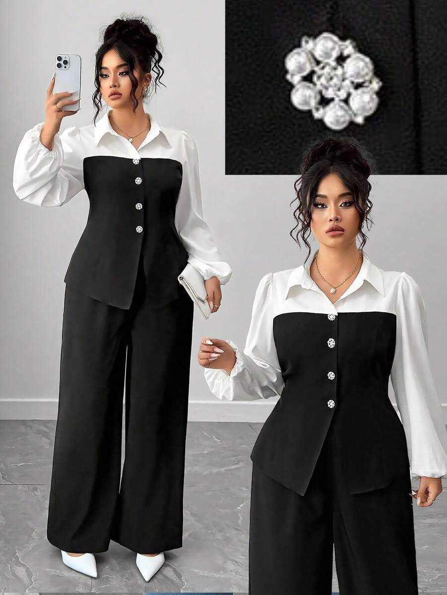 Elenzga Collezione di eleganza eccentrica (vibrazioni di "Woe Is Me")(Estetica del mercoledì) 2 pezzi Completo elegante vintage in bianco e nero con patchwork