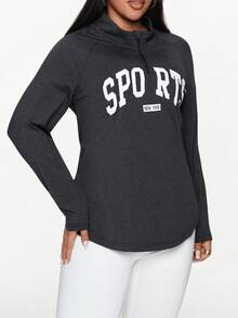 Rhythm Era 大码女式秋季字母印花插肩袖拉链半开襟休闲卫衣，运动健身卫衣，运动服 - 黑色 - 查看 3