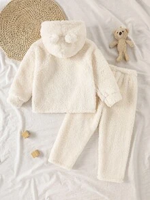 2 件套幼儿女童可爱优雅休闲舒适毛绒熊卡通刺绣连帽衫上衣和裤子家居服 - 彩色 - 查看 2