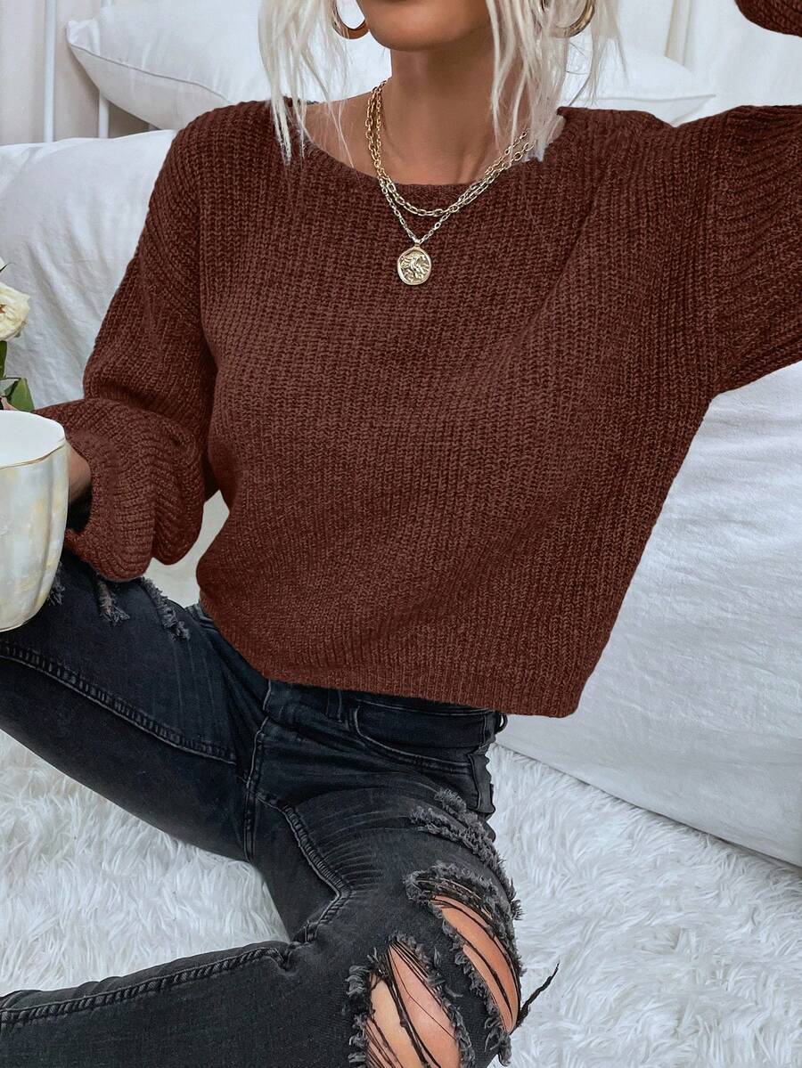 EMERY ROSE Women's Solid Color Round Neck Drop Shoulder Long Sleeve Casual Collegiate Pullover Sweater, Autumn - Rust Brown - View 1