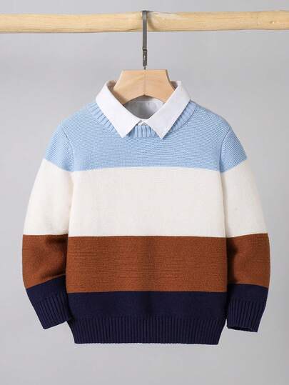 SHEIN 1 件年轻男孩休闲学院风运动日常舒适天蓝色、卡其色和白色海军蓝拼色宽松针织套头衫，适合返校、外出、秋冬季