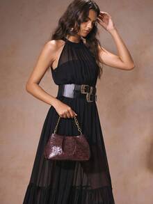 SHECARRY 女士蛇皮纹时尚日常通勤大容量单肩包 - 酒紅色 - 查看 3