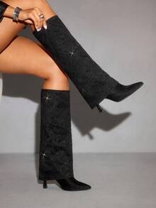 CUCCOO SZL Women's Pointed Toe Rhinestone Embellished Stiletto Heel Thigh High Boots, Sexy Party Club Wear Knee High Boots For Christmas Spring Shoes - Black - View 5