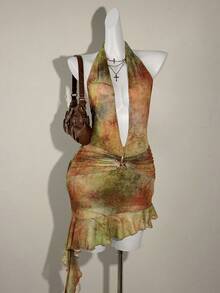 SHEIN ICON 女式扎染印花深V领腰部金属海星装饰紧身吊带连衣裙 - 彩色 - 查看 3