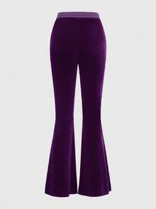 ROMWE Goth Quần ống loe eo rút dây họa tiết chữ thập đính đá cho nữ - Bold Plum - Xem 2
