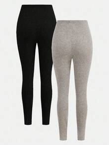 SHEIN Girlism 2 pezzi/set Leggings a vita elastica in maglia bicolore per ragazze adolescenti, casual da indossare in casa e fuori, autunno/inverno