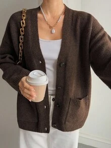 Livesso Women's Casual Solid Color Cardigan With Pockets, Autumn - Brown - View 3