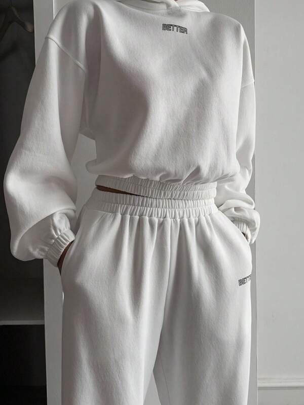 Livesso 女士休闲纯白色连帽衫和运动裤户外运动套装，秋季