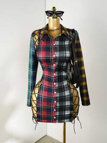 Mistrie 女式格子长袖单排扣镂空系带性感衬衫连衣裙 - 彩色 - 查看 4