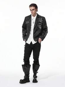 ROMWE MEN Goth 男士秋季斑驳花纹翻领长袖休闲西装外套 - 黑色 - 查看 6