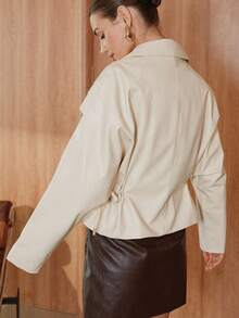 SHEIN Unity Avenne Elegant PU Leather Casual Solid Color Long Sleeve Button Women Jackets - Apricot - View 2