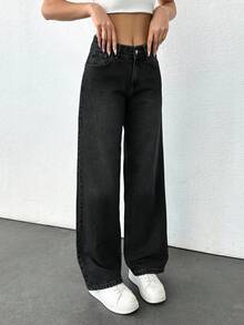 EURMUSE LOW RISE WIDE LEG CUT VINTAGE WASH Y2K STYLE JEAN Oversized Jeans Black Baggy Jeans Jeans Loose Jeans Wide Leg Jeans - Black - View 3