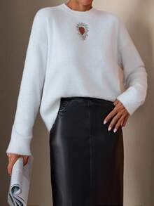 EURMUSE Damen Unifarben Pullover mit Rundhalsausschnitt und Strasssteinen, Drop-Shoulder