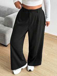 Vionelle Quần ống đứng lưng thun co giãn màu trơn cỡ lớn có túi - màu đen - Xem 1