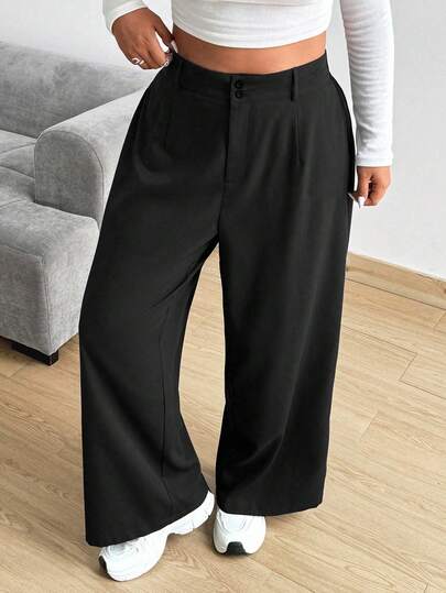 Vionelle Büyük Beden Bol Kesim Düz Renk Elastik Bel Cepli Düz Paça Pantolon