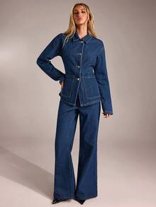 Avantive Fall&Winter Halloween Christmas New Year Going Out Graduation Prom Elegant Formal Luxury Chic Business Casual Birthday/Office Outfits/Country Concert/Club Outfits Sexy/Western/Work Clothes/Streetwear/Vintage/Festival/Cocktail/Rave/Prom/Hawaii/Airport/Funny/Basic/Brunch Outfits/2000s Style/Bodycon/Old Money Style/Church/Homecoming/Classy/Party/Modest/Date Night/Autumn/Winter/Single-Breasted Denim Top/Coat/Jeans/Blue Washed Low Rise Baggy Wide Leg Cowgirl Jeans/Denim 2ps Outfit - Blue - View 5