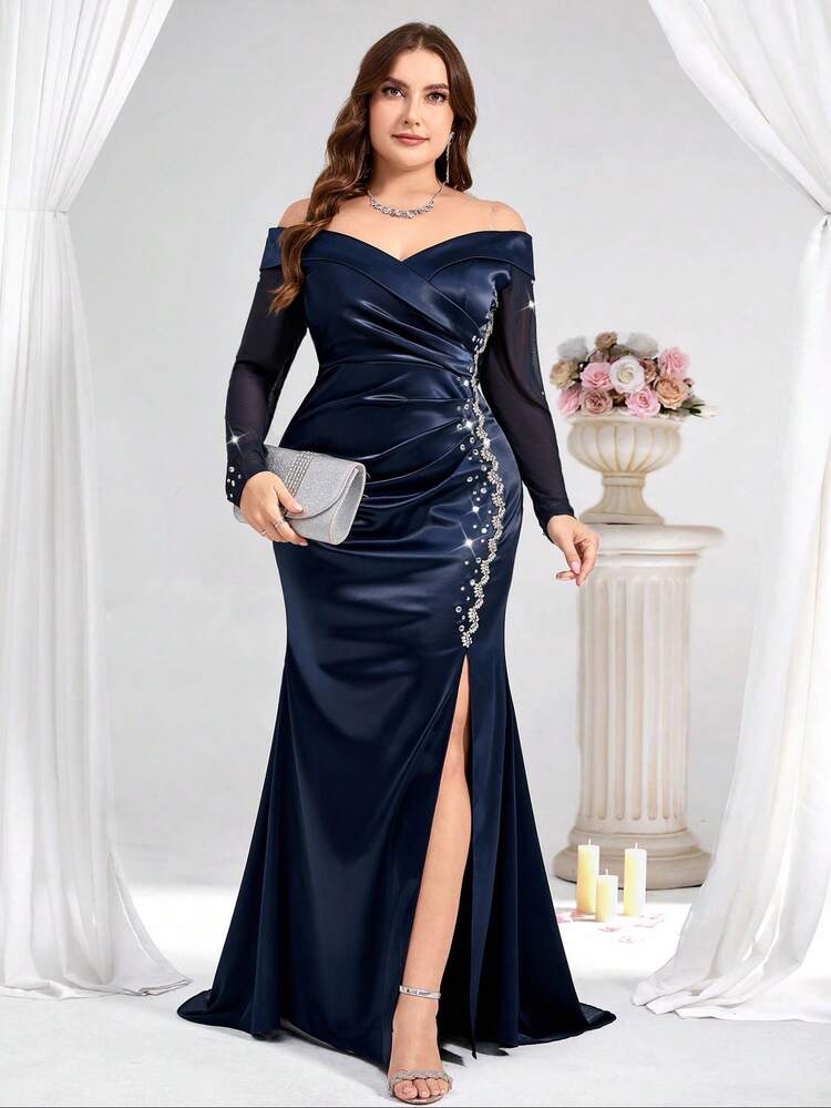 Coutiva Plus Size Formal Evening Gown (Heavily Embellished) Navy Blue Formal Gown Long Sleeve Formal Dress Curve Formal Evening Gown Long Satin Dress Long Sleeve Gown  Luxury Evening Gown, Sequin And Pearl Cuff Design, Elegant Party Dress For Ladies, Long Sleeve Formal Dress, For Wedding Guest, Graduation, Dinner - Navy Blue - View 10