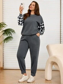 EMERY ROSE Set de sudadera y pantalón de chándal de felpa con cuello redondo, hombros caídos y estampado a cuadros de color contrastante en tallas grandes - Multicolor - Ver 5