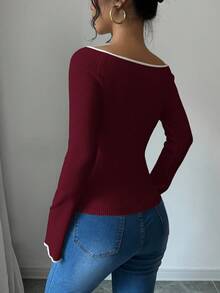 Elenzga 女式修身喇叭袖修剪时尚毛衣，秋季 - 酒紅色 - 查看 2