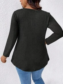 EMERY ROSE Plus Size Solid V-Neck Long Sleeve Casual T-Shirt For Spring - Dark Grey - View 2