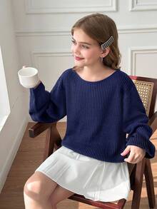 SHEIN Serisse Kids Tween Girls Solid Navy Color Asymmetrical Neckline Long Sleeve Sweater, Suitable For Autumn Winter, Back To School, Fall Winter Clothes, Winter Girls Clothes, Mommy And Me Matching Outfit, Chic Autumn Sweater,Mother Daughter Outfits Navy Sweater Navy Blue Girls Sweater Off The Shoulder Tops For Tweens Tween Off The Shoulder Top Girls Navy Sweater Girls Off The Shoulder Sweater Navy Blue Sweater Girls Blue Sweater Tween