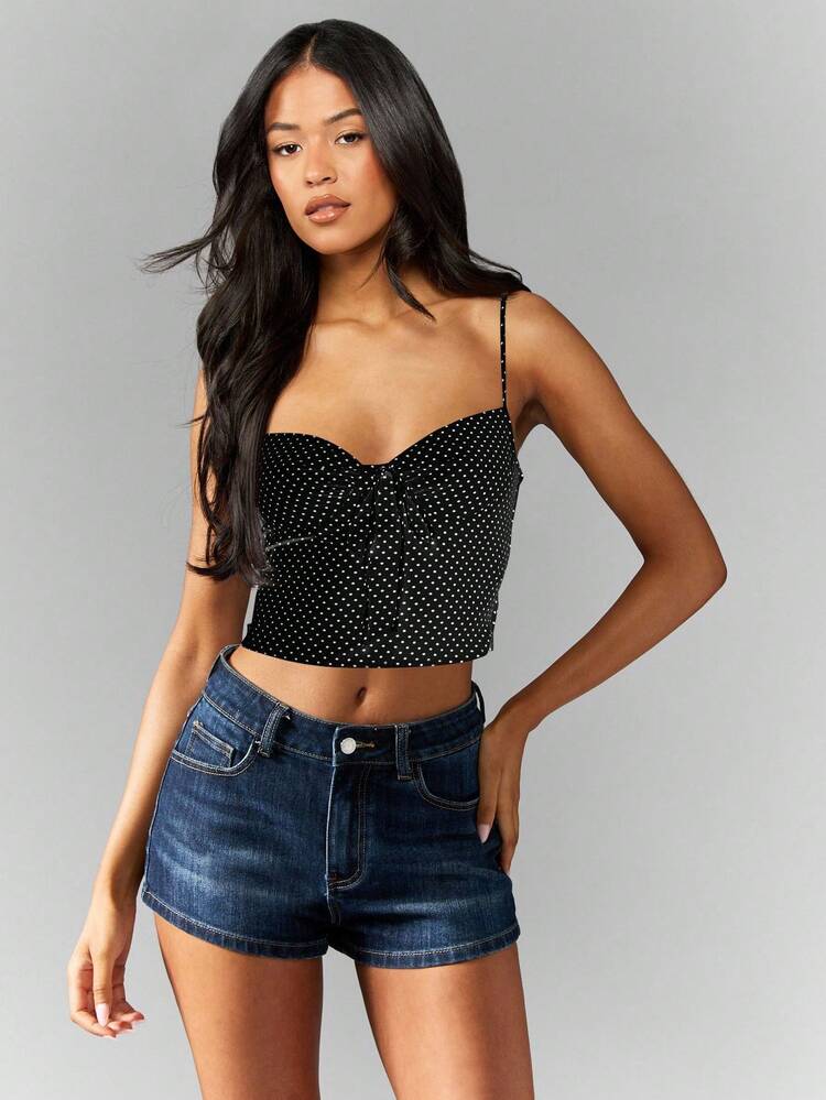 MISSGUIDED Polka Dot Cami Top Ruched Sweetheart Neck Spaghetti Strap Bustier Crop Tank Summer Festival Beach Vacation Party Essential