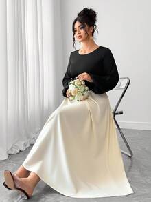 Elenzga Plus Size Elegant Color Block Lantern Sleeve Swing Dress, Autumn Fall Cloth For Women - Multicolor - View 1