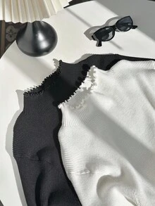 Comfortcana 大码纯色高领休闲百搭长袖套头毛衣女士秋冬装 - 黑與白 - 查看 3