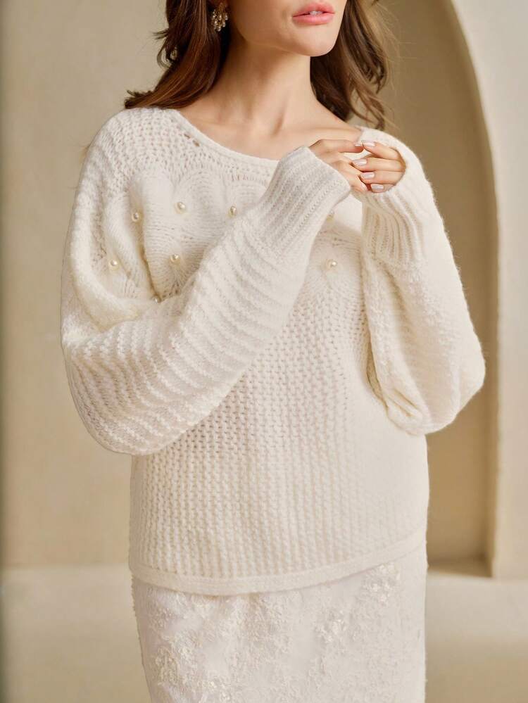 Women's Fashion High-End Elegant Beaded Loose Casual Crew Neck Sweater