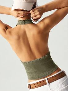 Bohemela 女式休闲纯色针织露背修身短款水洗衬衫 - 橄欖綠 - 查看 2