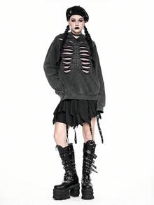 ROMWE Áo nỉ dài tay có mũ trùm đầu in hình đầu lâu khoét rỗng phong cách Gothic dành cho nữ, Halloween - Xám - Xem 9