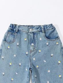 Sparklyn Tween-Mädchen Lässig Distressed Bestickter Gerade Bein Jeans Jeans Gänseblümchen Jeans Distressed Kleine Gänseblümchen Bestickter Weiter Bein Jeans Erdbeere Blumen Jeans Ästhetische Denim Rock Anzüge Brunch
