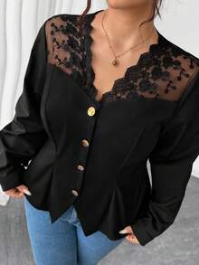 Elenzga 永不过时：哥特式预科风，融入周三元素。拥抱你内心的阴影，展现暗黑女性时尚。大码女式梭织长袖奢华优雅蕾丝拼接斜纹光滑黑色衬衫 - 黑色 - 查看 1