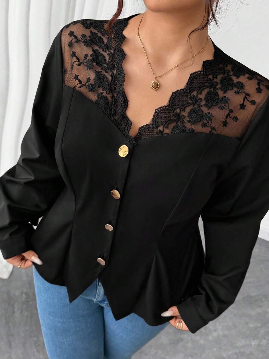 Elenzga 永不过时：哥特式预科风，融入周三元素。拥抱你内心的阴影，展现暗黑女性时尚。大码女式梭织长袖奢华优雅蕾丝拼接斜纹光滑黑色衬衫 - 黑色 - 查看 1
