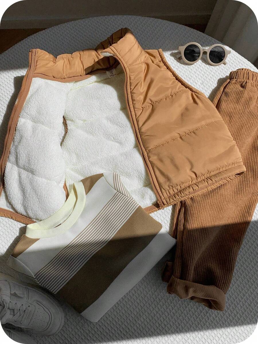 SHEIN Conjunto de 3 piezas para niños pequeños de otoño/invierno que incluye: chaleco acolchado versátil y casual, sudadera a rayas y pantalón largo. Conjunto de pantalón de pana para niños pequeños, conjunto de pana para niños en otoño. - Multicolor - Ver 1