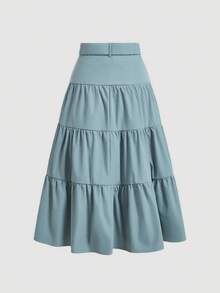 SHEIN MOD 純色褶邊休閒裙 - 藍色 - 查看 2