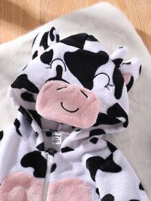 女婴法兰绒奶牛印花爱心连帽连体衣，撞色袖口和脚部设计，可爱奶牛耳朵造型，秋冬季睡衣连体衣，6个月-3岁 - 黑與白 - 查看 6