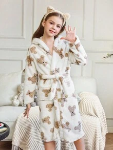女孩卡通熊印花毛绒睡袍，适合秋冬季家居服 - 米色 - 查看 3