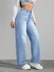 SHEIN ICON Women's Pocket Loose Wide Leg Casual Versatile Denim Pants - Light Wash - View 6