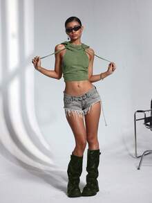 Jeanoix Women's Backless Criss-Cross Design Cropped Drawstring Hoodie Denim Top - Army Green - View 3