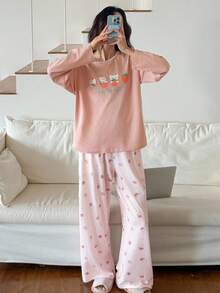 DAZY 卡通草莓熊印花全印花宽松女士睡衣上衣和裤子套装，秋季服装 - 粉色 - 查看 6