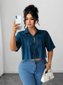 Elenzga 女式褶饰蝴蝶结短款优雅衬衫 - 藍色 - 查看 6