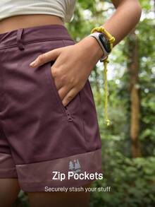 In My Nature 女士拼色口袋休闲夏季户外短裤 勃艮第短裤 女士徒步短裤 栗色短裤 女士户外短裤 女士露营短裤 - 紫色 - 查看 2