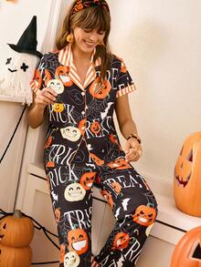 Chillnights Halloween Pumpkin & Bat Print Lapel Collar Sleepwear Set For Women Halloween Pajamas Women Fall Pajamas Women Cute Pajama Set For Women Halloween Pajama Set Women Women Halloween Pajamas - Multicolor - View 6