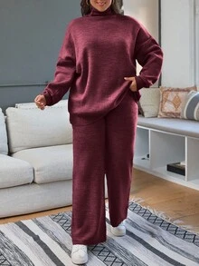 EURMUSE Plus Size Women Casual Solid Color High Neck Dropped Shoulder Loose Pullover Sweater And Sweater Pants Set, Autumn/Winter Two Piece Set Women Comfy - Burgundy - View 3