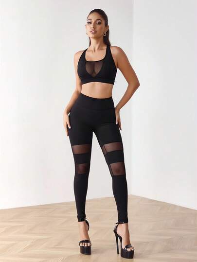 Menodora SHEIN Sport 2 件套女士运动套装，纯色无袖上衣和紧身裤