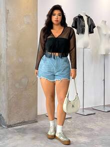 SHEIN EZwear Plus Tie Front Mesh Top Without Cami Top - Black - View 4